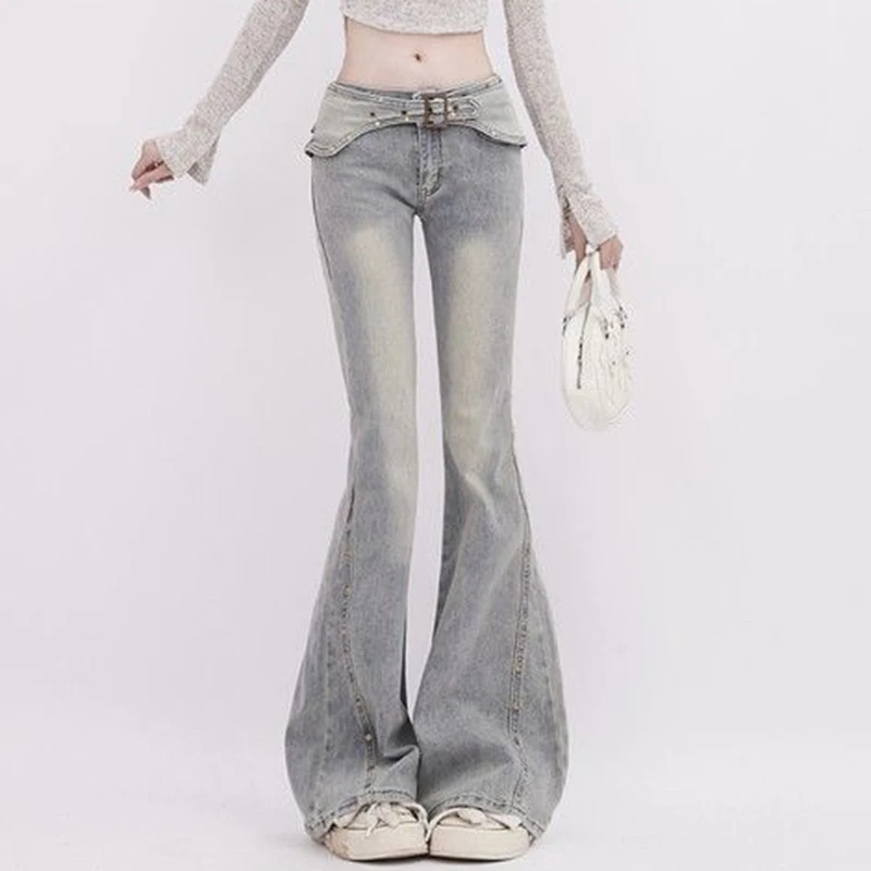 女性用ワイドレッグデニムパンツ,原宿ストリートウェア,ヴィンテージ,リベット,フレア,ルーズ,カジュアル,ソリッド,すべてに合う韓国スタイル