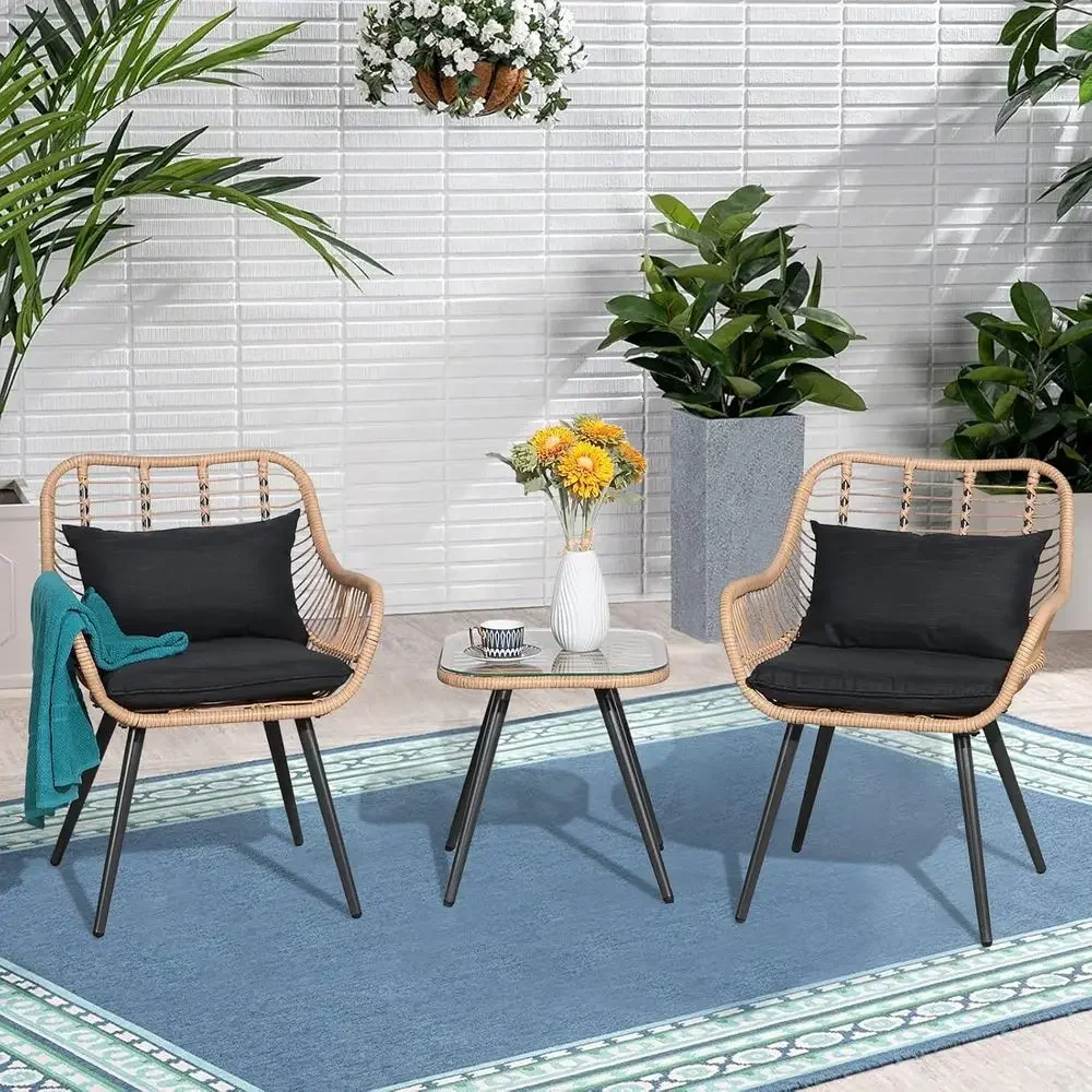 Outdoor Wicker 3-Piece Patio Bistro Set with Glass Top Table and Cushioned Chairs for Balcony, Porch, or Deck view 6