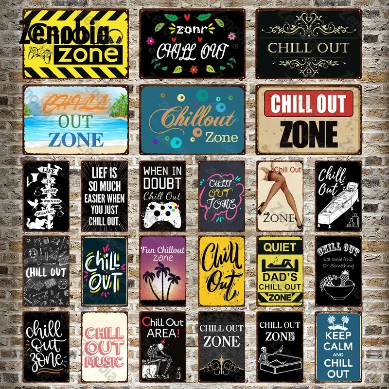 Fun Chill Out Zone-letreros de Metal, carteles de estaño, decoración del hogar, pegatinas de pared, área de enfriamiento, placa de estaño Retro, decoración de pared