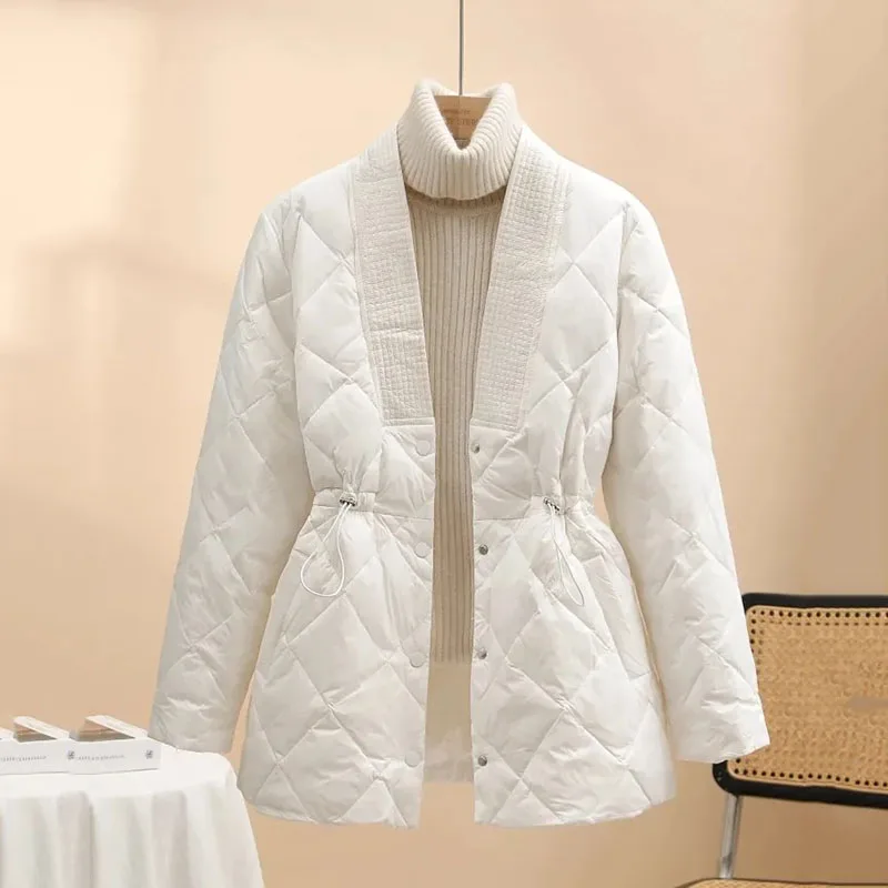 2024 New Autumn Winter Lingge Cotton Jacket Women Warm Parkas Female Long Sleeve V-Neck Casual Cotton Padded Outwear Ladies Tops