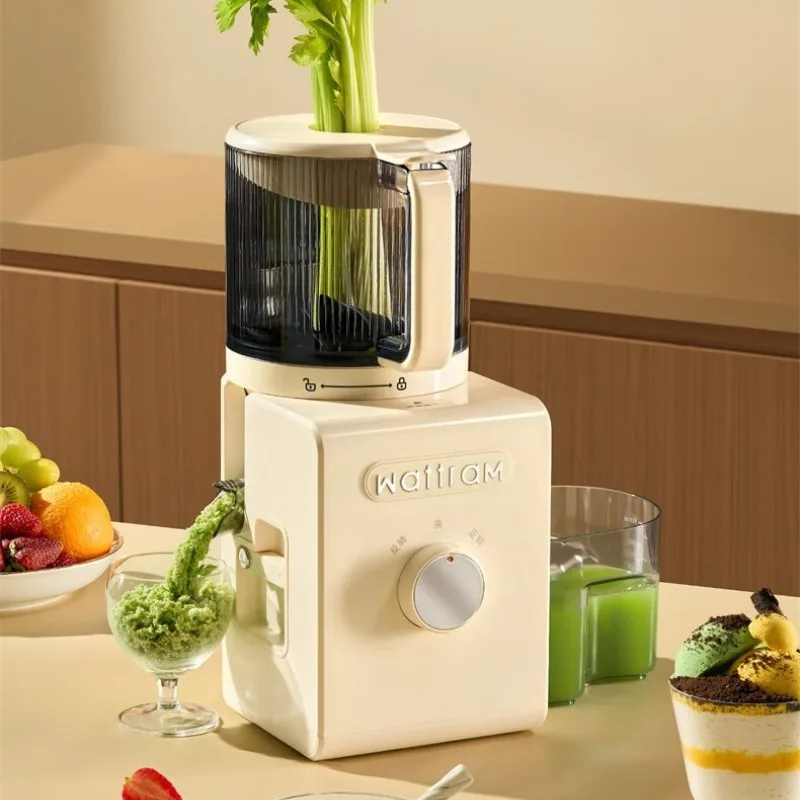 Home-use extra-large diameter electric fruit and vegetable juicer that separates pulp and juice.