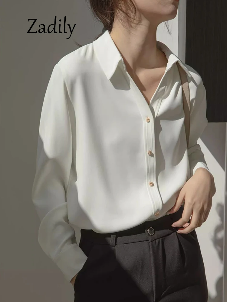 Zadily 2024 Spring Office Lady Women Basic White Shirt Minimalist Button Up Solid Color Woman Work Blouse Female Clothing Tops