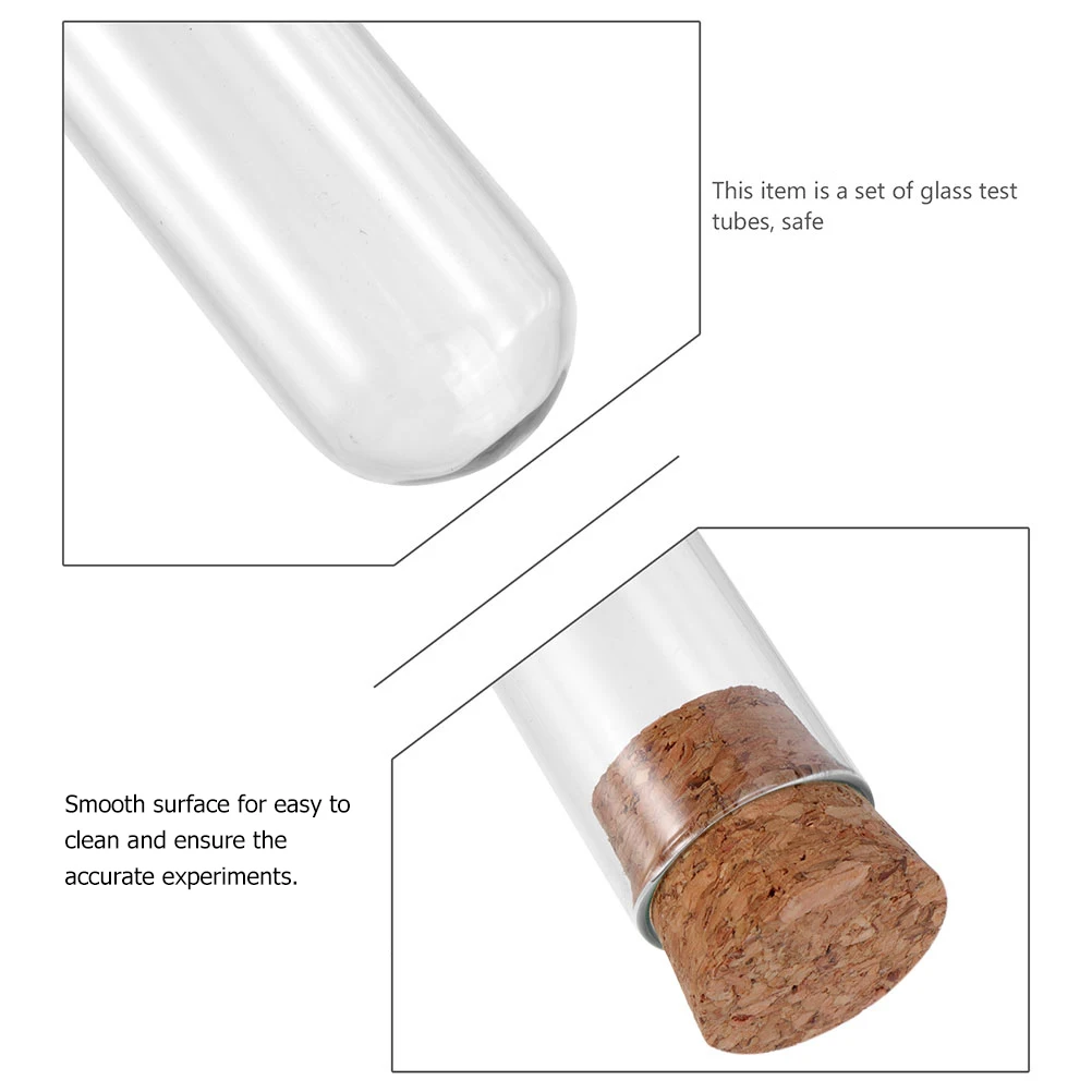 

8pcs Glass Test Tubes Round Bottom Containers Wooden Lids Flat Mouth Portable Liquid Storage Stoppers Travel Use