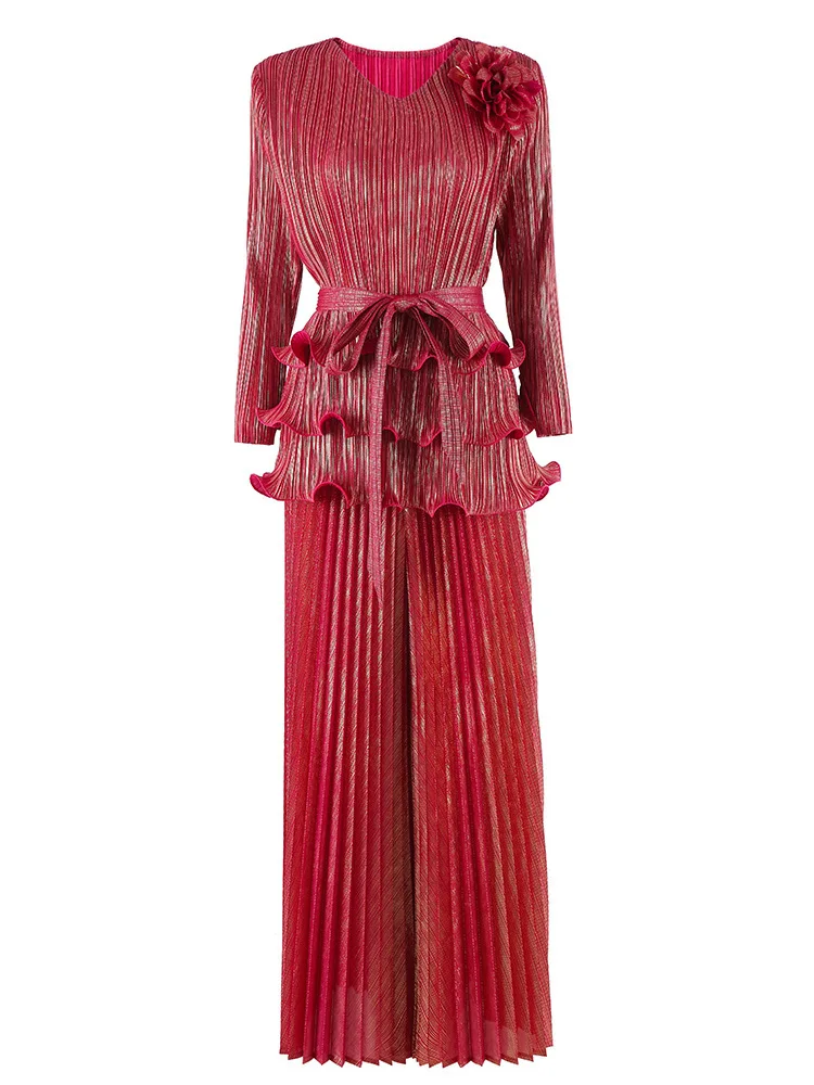 

Miyake Pleated Applique Ruffles Belt Loose Solid Tops + Wide-leg Straight Pants Two-piece Set Women's Clothing 2026 Spring New