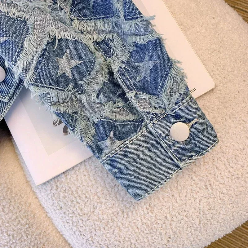 Autumn All Match Design Vintage Women Clothing Small Fragrance Y2k Jackets Crop Top Tassel Star Print Single Breasted Denim Coat