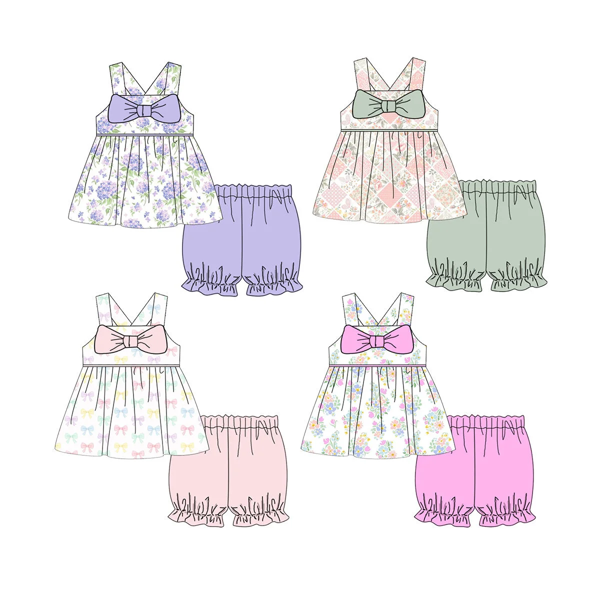 Fashion Summer Boutique Baby Girl Clothes Floral Print Spaghetti Strap Top and Shorts Outfit Set Casual Sister Clothes