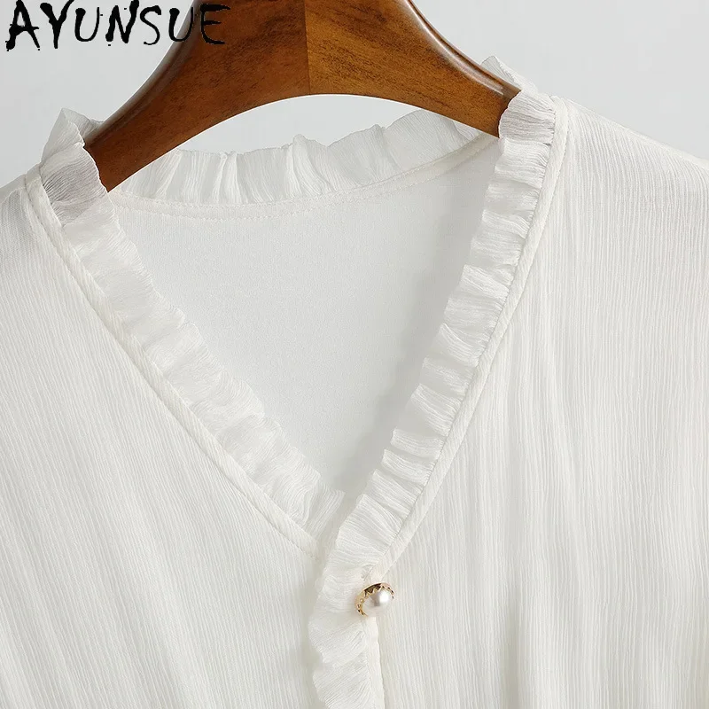 AYUNSUE-Robes longues Mulberry Injfur ses pour femmes, Robes élégantes simples, Robe blanche dégradée, Col en V, Vêtements pour femmes, Été, 100%, 2024