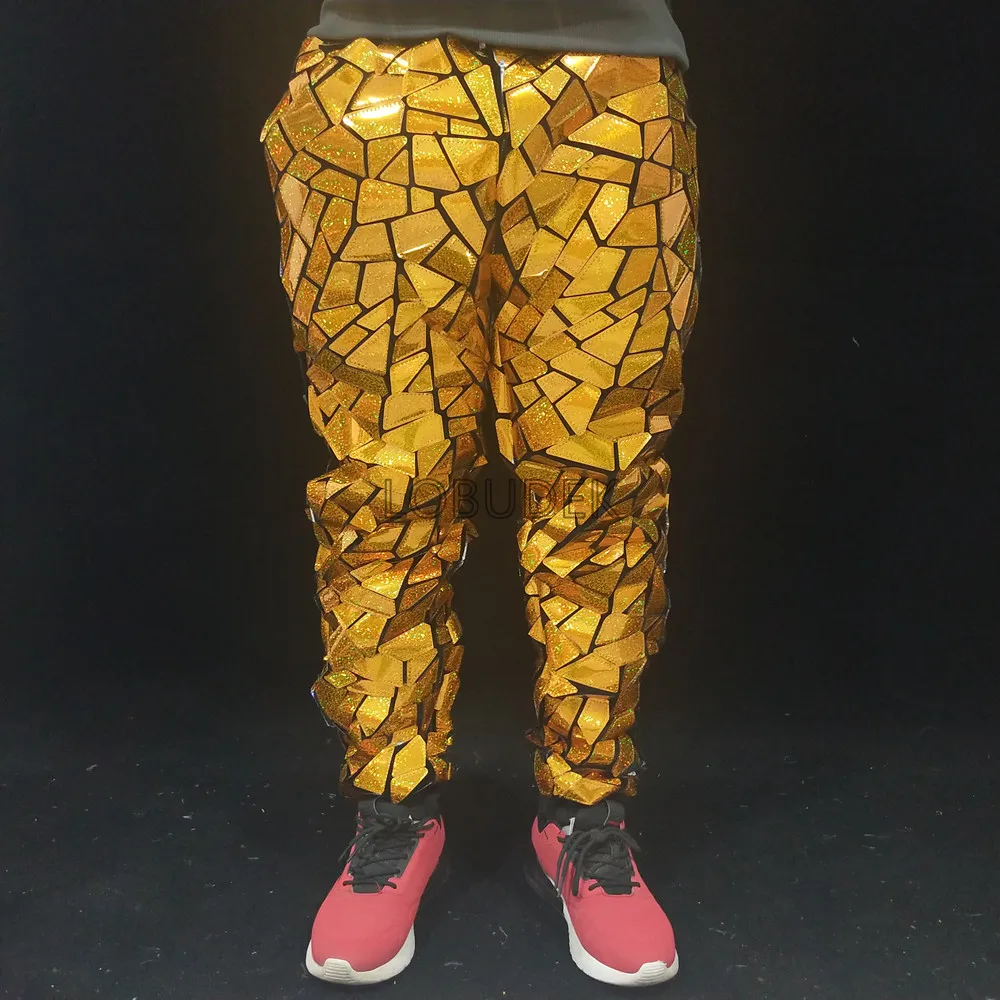 Men's Hip Hop Jazz Dance Cargo Pants Loose Trousers Glitter Gold Silver Laser Mirror Sequins Casual Pants Dance Costume