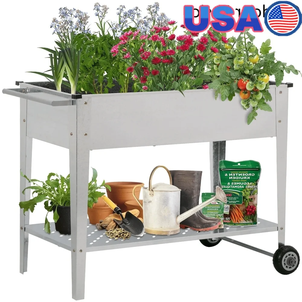

Elevated Garden Bed with Legs on Wheels Vegetables Herbs Flowers Ergonomic Drainage Shelf Convenient Outdoor Planter Box