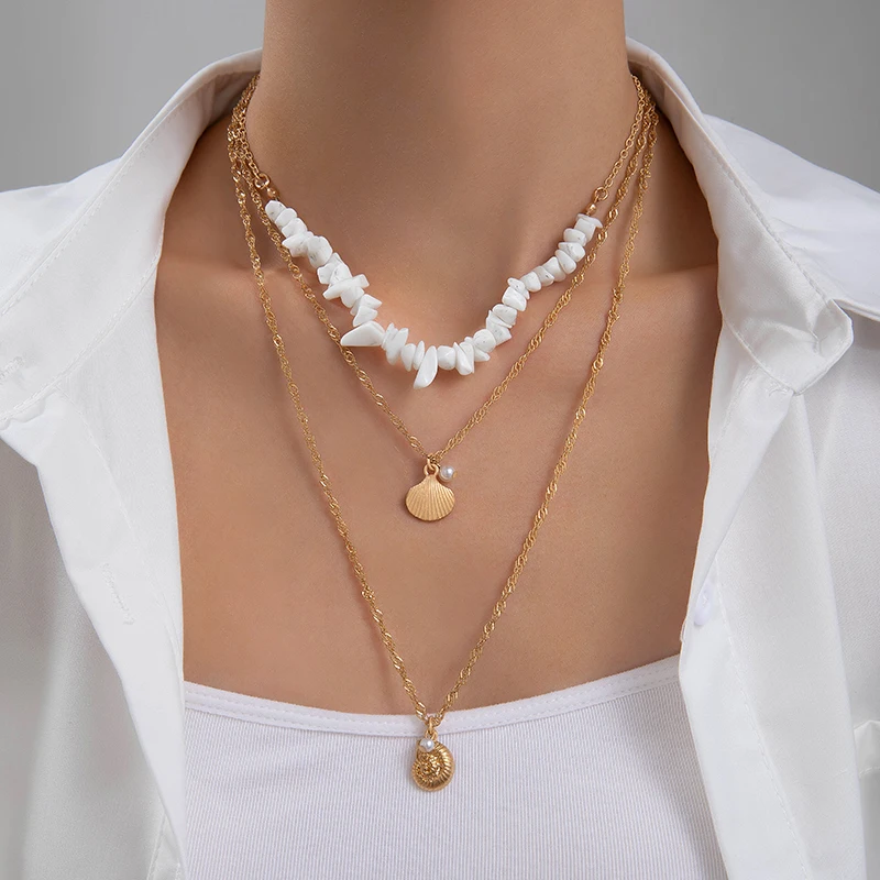 Tocona Bohemia Shell Snail Layered Pendant Necklace for Women White Stone Beach Party Alloy Metal Ajustable Jewelry Collar 25216