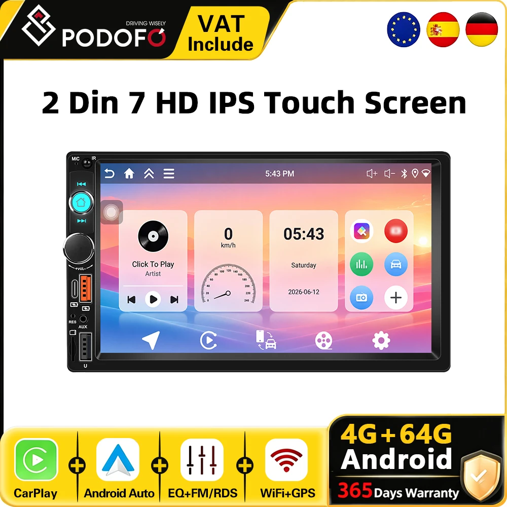 Podofo 7 Zoll 2-DIN Universal Android Autoradio/MP5 Multimedia-Player, kabelloses CarPlay, Android Auto, Smart Car Systeme, GPS-Navigation, WLAN, BT, USB/Type-C, Autoradio, FM, RDS, Head Unit