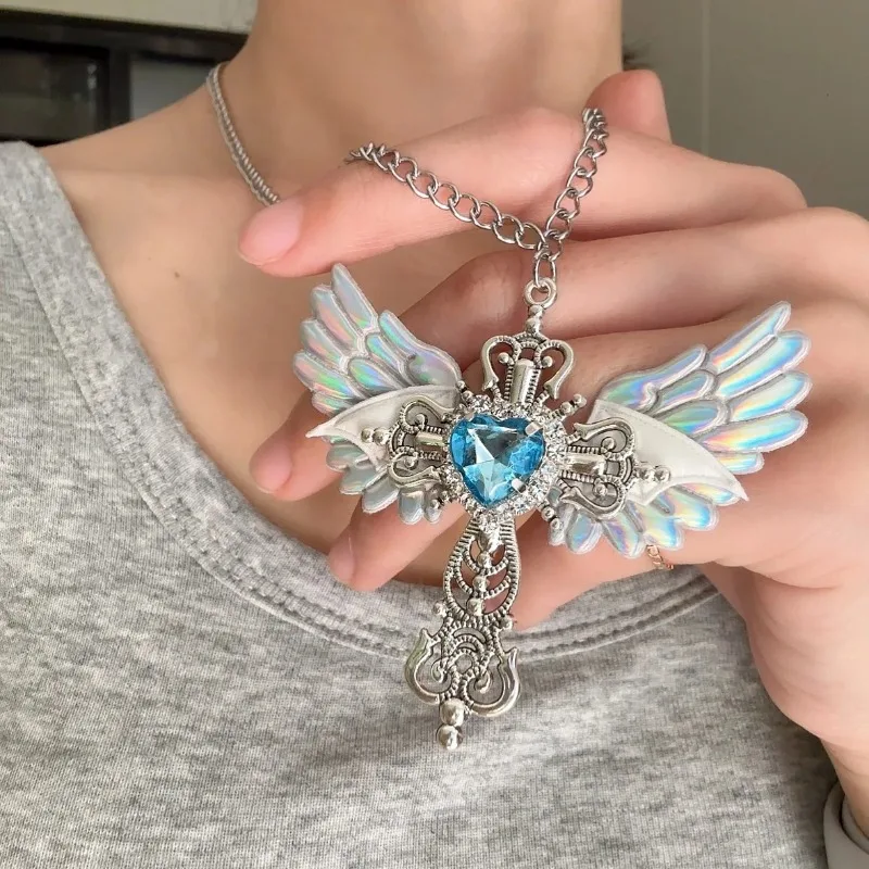 Y2K Crown Heart Angel Wings Cross Pendant Necklaces for Women Crystal Metal Crucifix Clavicle Chain Choker Jewelry Gift Decor
