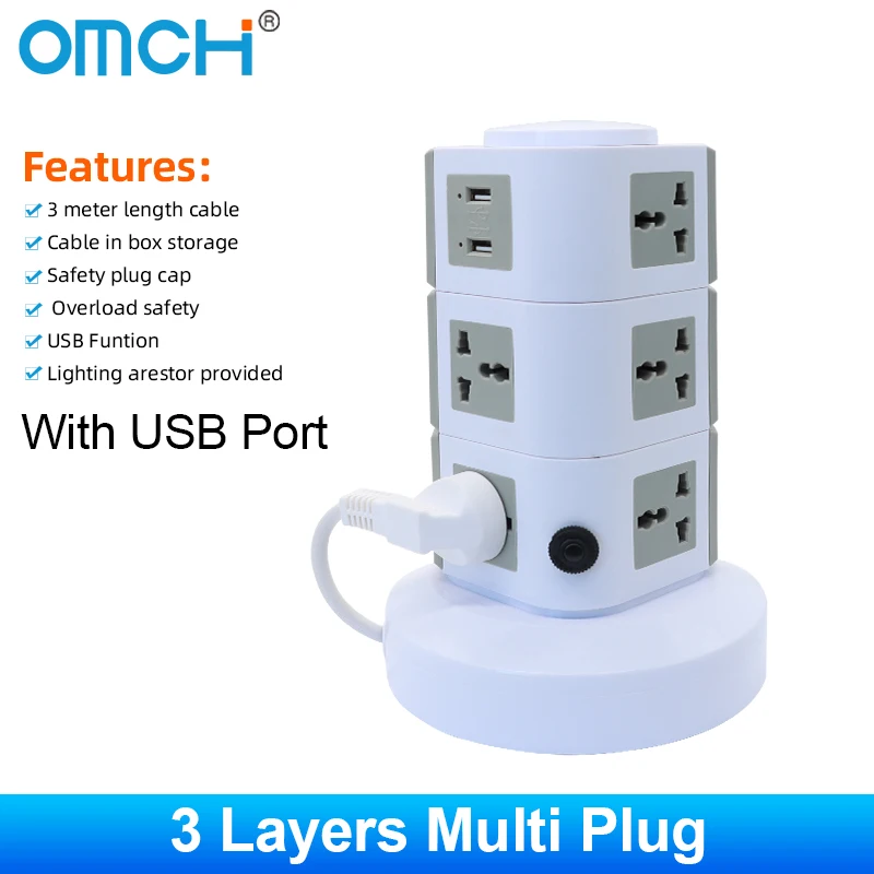 

OMCH Multifunctional Tower Vertical Power Outlet Plug with 4 USB Overload Protection Switches 250V 10A Push Button Power Cut-off