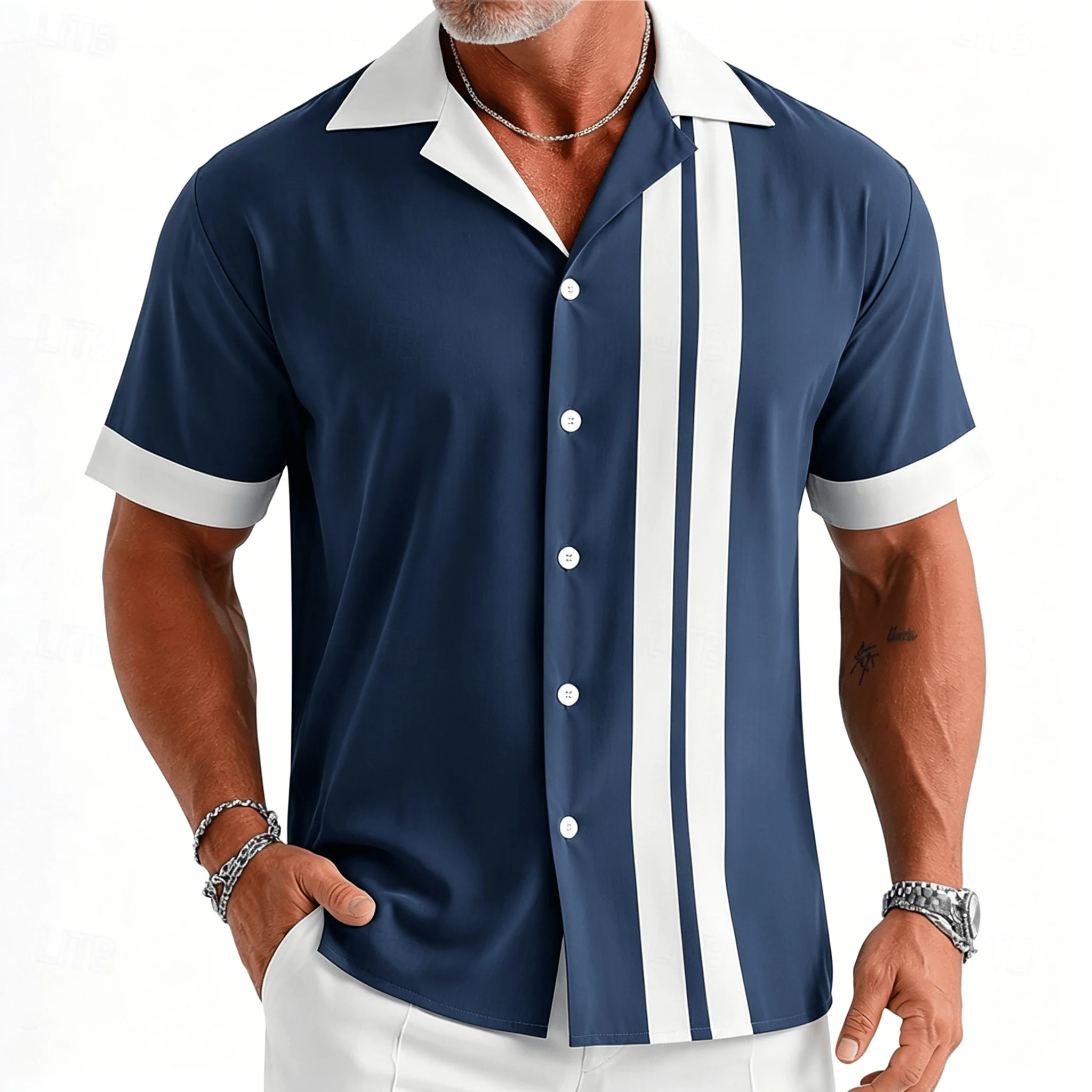 Mens Fashion In The 50S - Camicia da Bowling a Righe Bianco