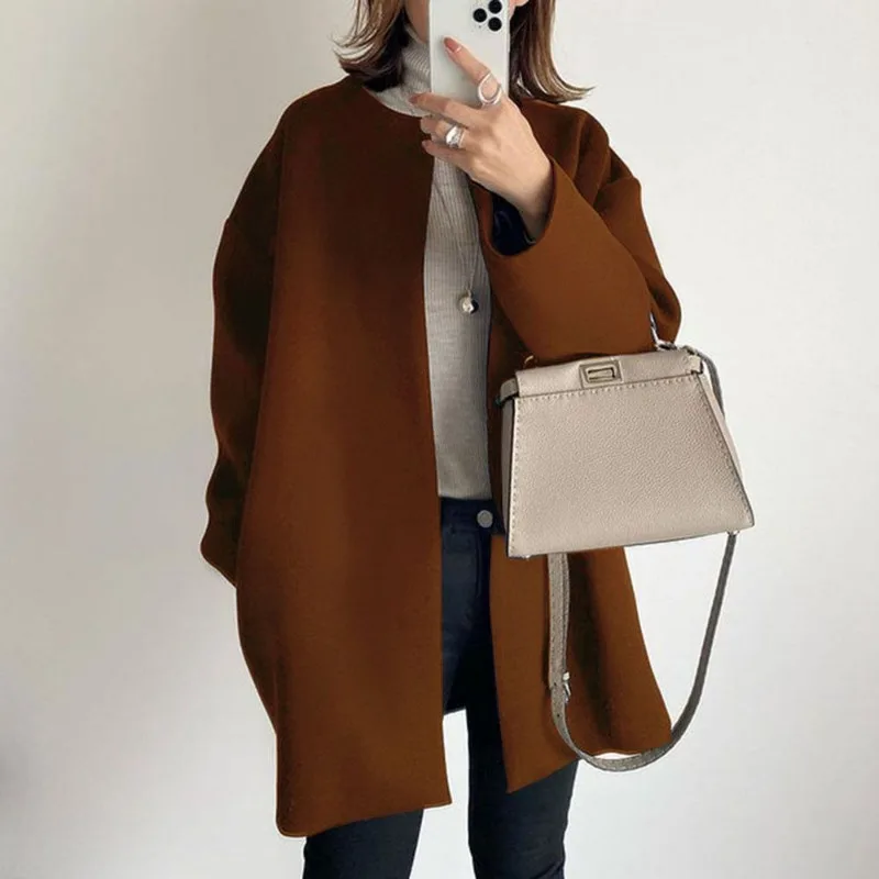 Women's Autumn and Winter Fashion Versatile Loose Thickened Medium-length Temperament Double-sided Wool Coat