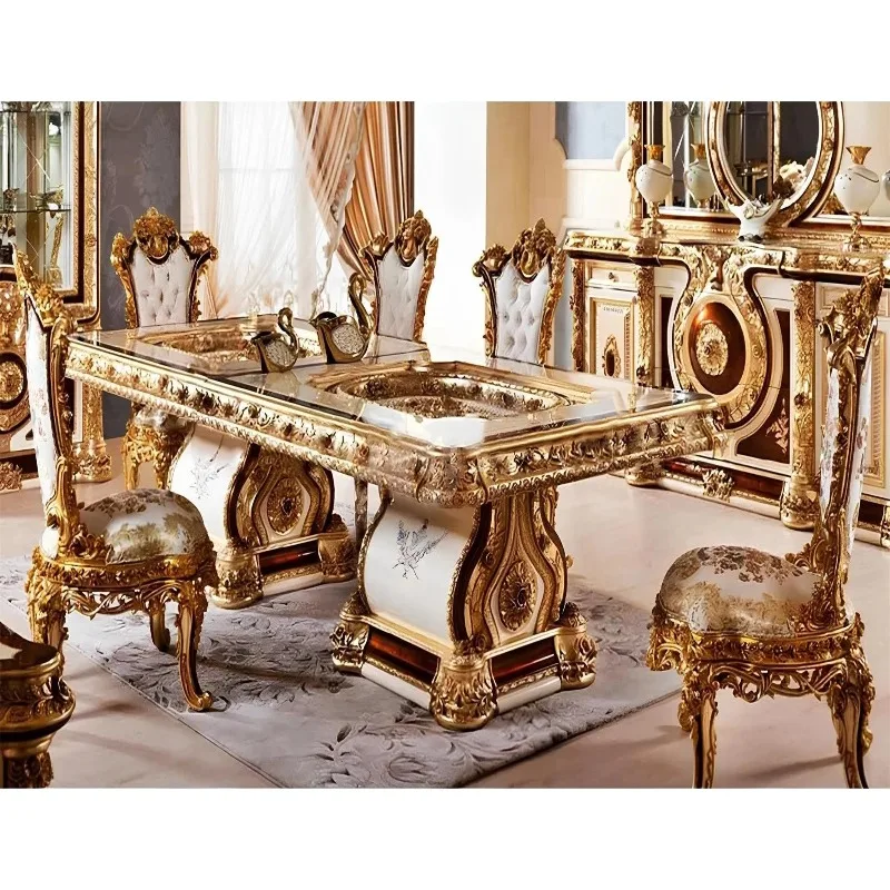 European Royal Solid Wood 6 Seater Deluxe Modern Farmhouse Dining Table and Chairs Carved Dining Room Furniture