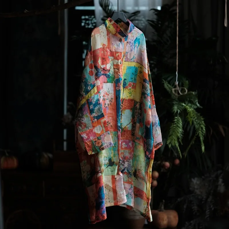 2026 Vintage 100% Ramie Long Women's Shirt New Boho Floral Color Printed Linen Shirt Femme Long Batwing Sleeve Causal Blouses