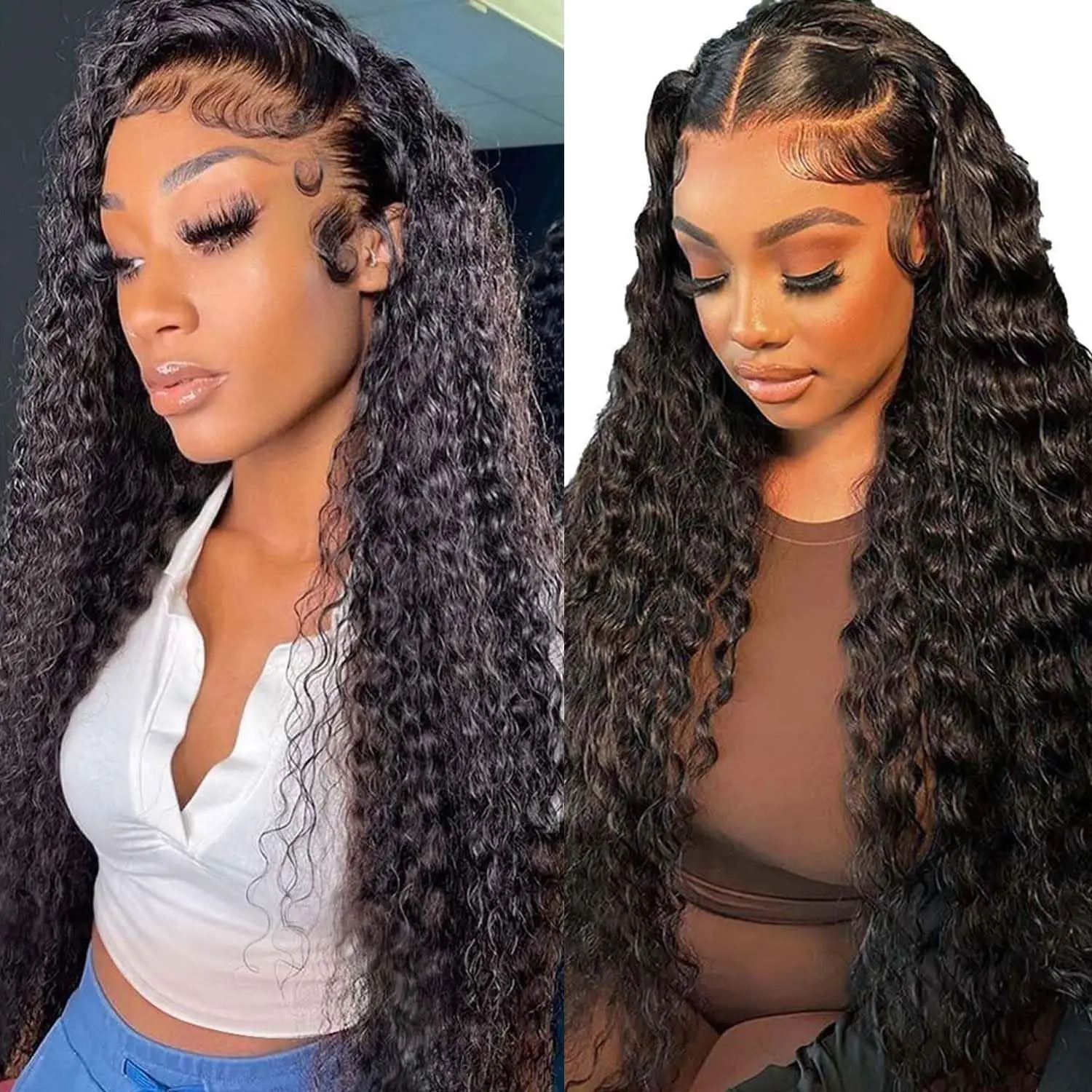 Deep Wave Lace Front Wigs for Women 200% Density Curly Lace Frontal Wigs Human Hair Pre Plucked Natural Black