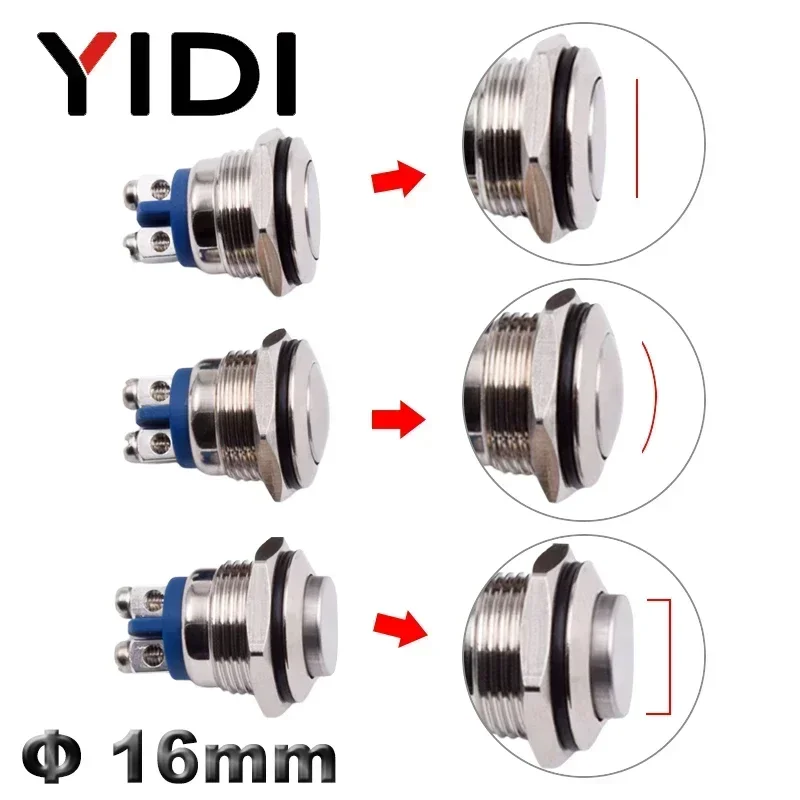 

16 мм металлический кнопочный переключатель ВКЛ. ВЫКЛ. 1НО 3А 250 В, мгновенный кнопочный переключатель с самовозвратом, винт, штифт для пайки, плоская высокая головка