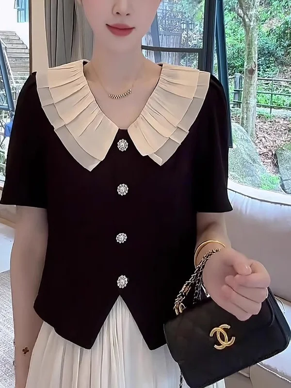 

Женская модная футболка Gtuq с коротким рукавом, плиссированная, с высокой талией, А-силуэта, в корейском стиле, универсальный летний топ