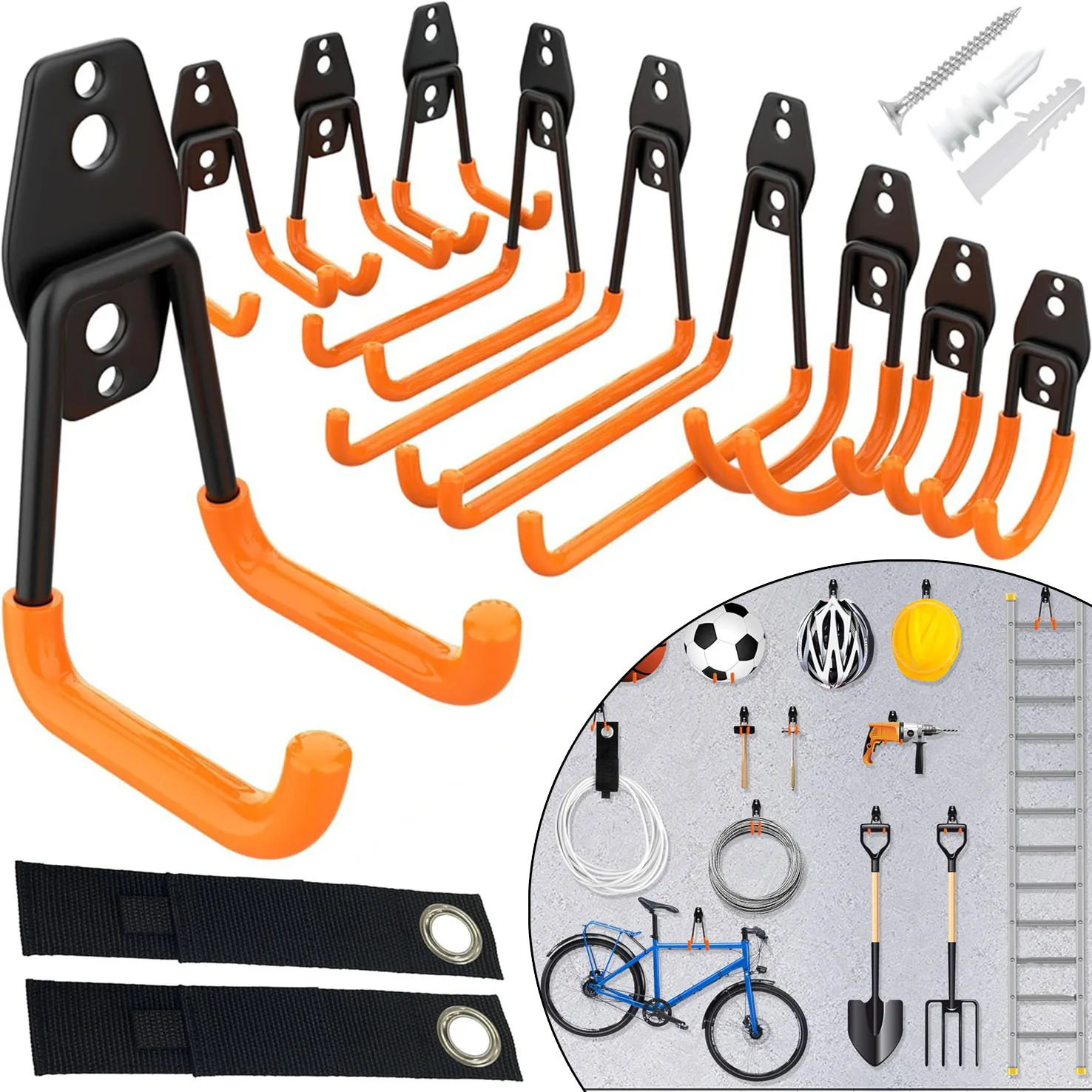 Ganci da garage resistenti, confezione da 10, ganci in ferro per l’organizzazione del garage, appendiattrezzi per il muro del garage, ganci e appendiabiti da parete per garage, con rivestimento