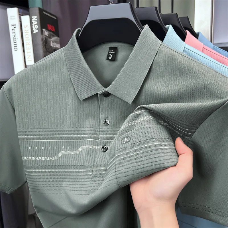 Light luxury striped short sleeve men's polo shirt fashion high-quality brand personalized printed pocket casual summer T-shirt