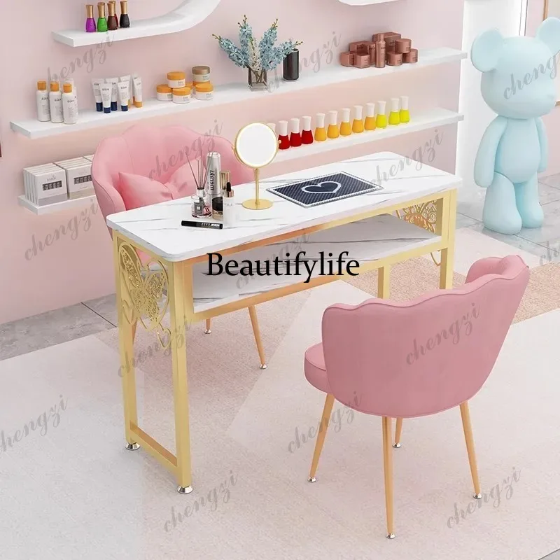 P182 Light Luxury Manicure Table And Chair Economical Gold Manicure Table With Vacuum Cleaner Nail Chair Single And Double Nail