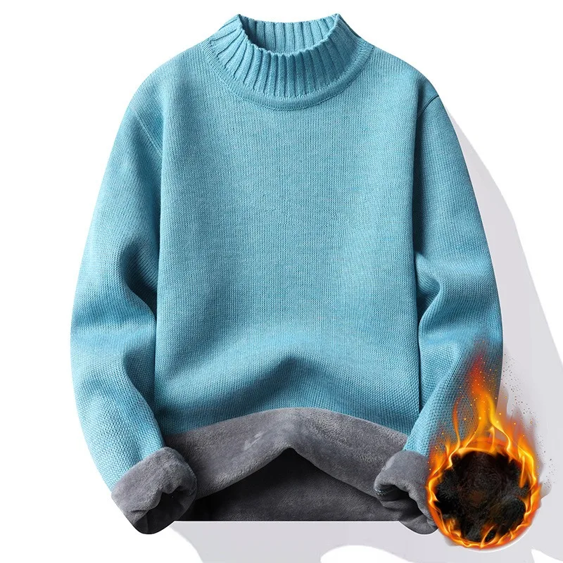 Suéter de cuello simulado para hombre, Jersey de punto elástico, grueso, de felpa sólida, cálido, informal, a la moda, Invierno