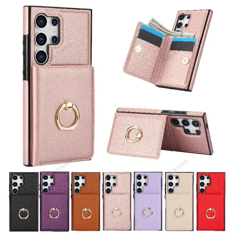 

Wallet Card Slot Flip Cover Leather Case For Samsung S21 S22 S23 S24 Ultra A14 A15 A52 A54 A72 360 ° Rotating Ring Holder Cover