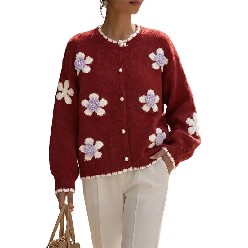 TEXU Women 3D Floral Applique Pearl Button Scalloped Trim Crew Neck Knit Cardigan Red L