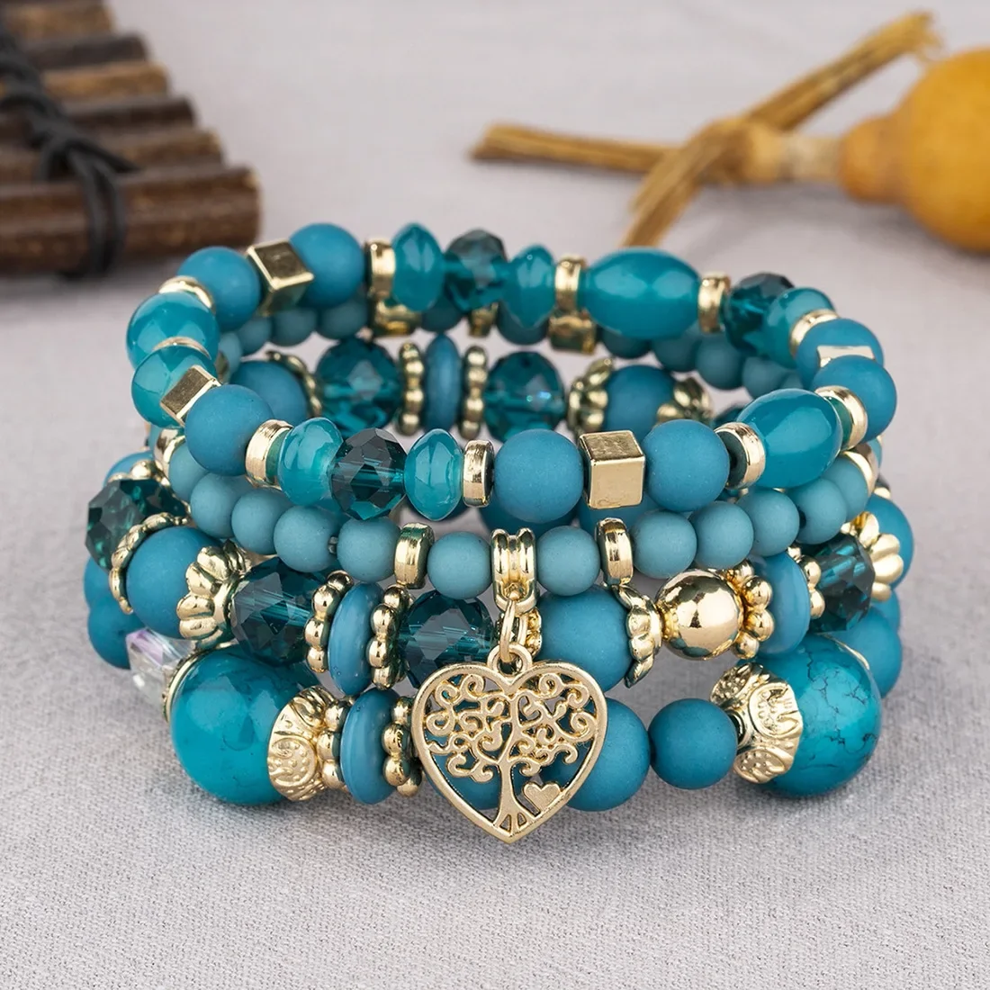 4Pcs Acrylic Beads Chain Bracelet Set For Women Tree Of Life Charm Elastic Bangle Female Bohemian Jewelry Accessories