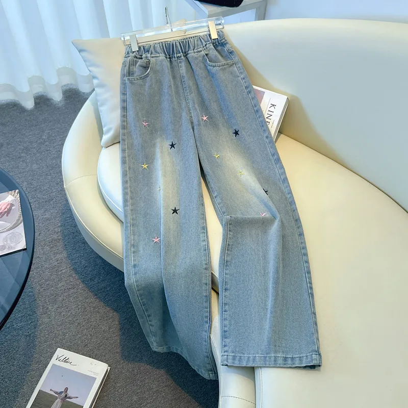 Spring and Autumn Elastic Waist Retro Star Embroidered Elastic Waist Age Reducing Wide Leg Jeans Women's Casual Wide Legs Pants