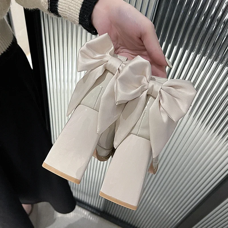 Women Pumps Platform High Heels Wedding Shoes Patent Leather Red Mary Jane Shoes Bow Buckle Strap Square Toe Chunky Heeled Shoe