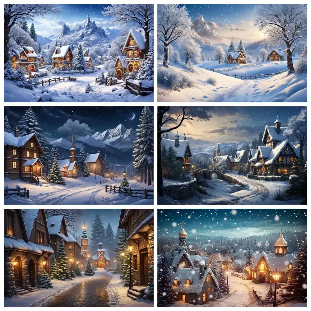 

Winter Christmas Village Backdrop Home Decoration Photography Studio Background New Year Snow Town Mountain Back Drop