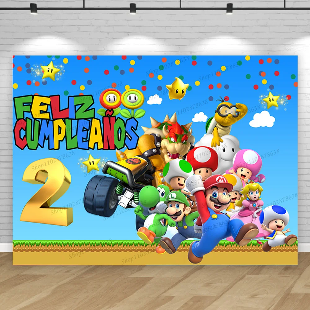 Super Marios Bros Feliz Cumpleaños Backdrop Boy Golden Numeral 1 2 3 4 5 6 Birthday Party Background Photo Studio Banner Decor