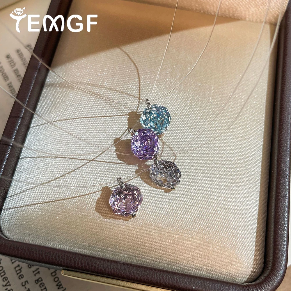 

TEMGF Rose Cut Zircon Pendant Necklace for Fine Women Transparent Fishing Line Neck Chain 925 Silver Fine Jewelry Birthday Gifts