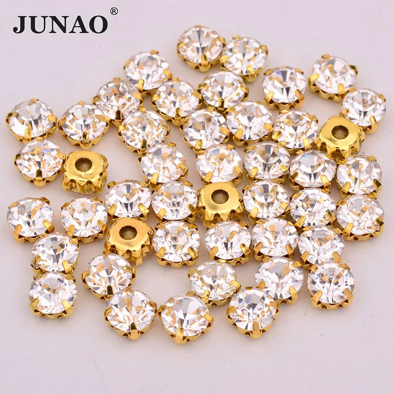 JUNAO Top Quality 6 7 8 10 mm Gold Clear Sewing Glass Claw Rhinestone Round Crystal Strass Applique For Clothes DIY Fabric