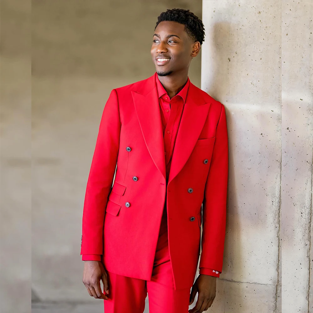 

Red Men's Jackets Peaked Lapel Double Breasted 2 Pieces Groom Wedding Suit Luxury Bespoke Prom Dress Slim Fit Customized