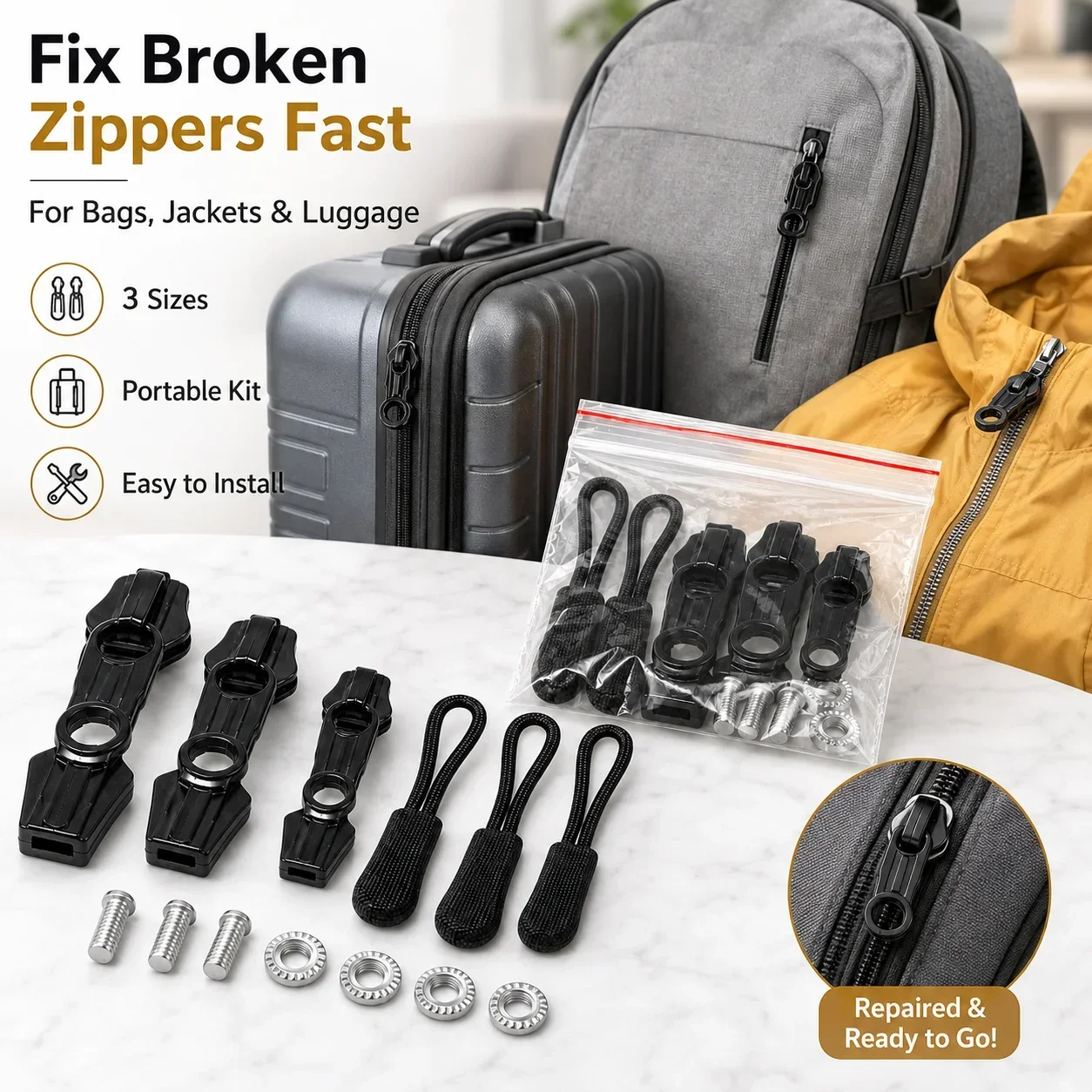 3-Pack Zipper Sliders Large Medium Small, Replacement Zipper Head for Clothing Bags and Tents