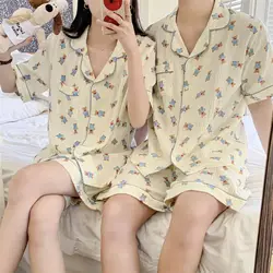 Sleepwear Summer Cardigan Loose Short-sleeved Shorts Thin Loungewear Cute Prints Cotton Casual Two-piece Suit Women's Pajamas