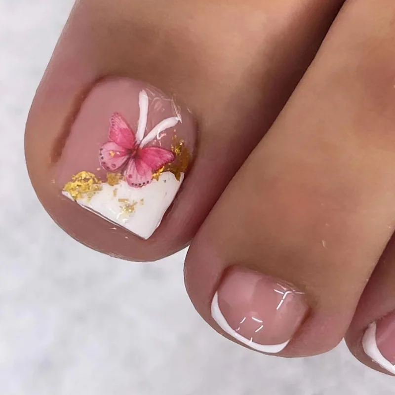 

24PCS Pink & White Press-On Toe Nails - Gold Glitter Butterfly Design with French Tips (Short Square)