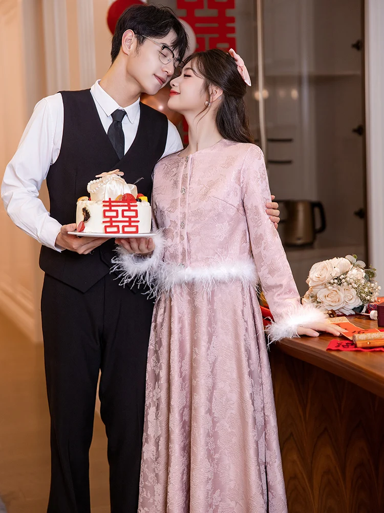 

Pink Wedding Dr Set Chinese Sle Engagement Ceremony High Waist A-Line Skirt Long Sve Polyester Fiber Beautiful Matern...