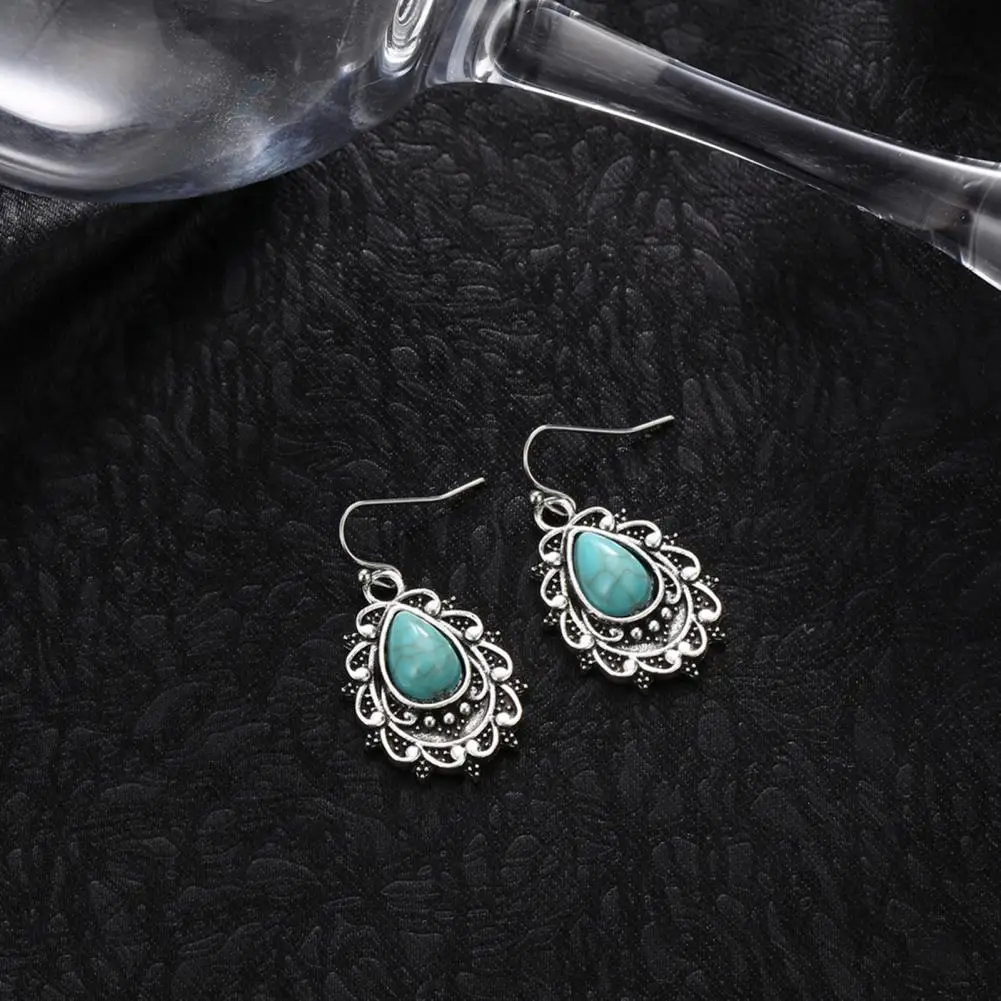 Edge Faux Turquoise Earrings Vintage Ethnic Style Boho Faux Turquoise Dangle Earrings for Women Retro Hook Oval Drop for Teen