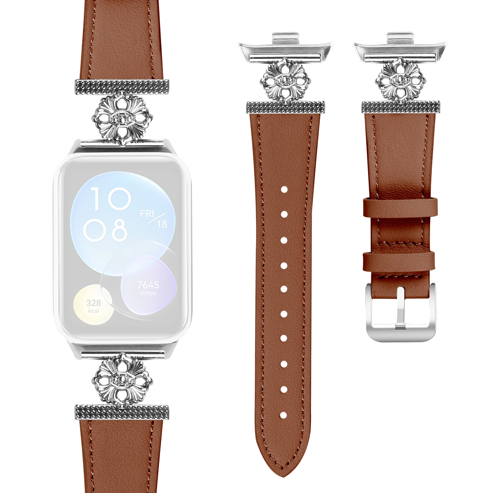 

For Xiaomi Smart Band 8 Pro Watch Band Genuine Cow Leather Flower Decor Adjustable Strap - Brown