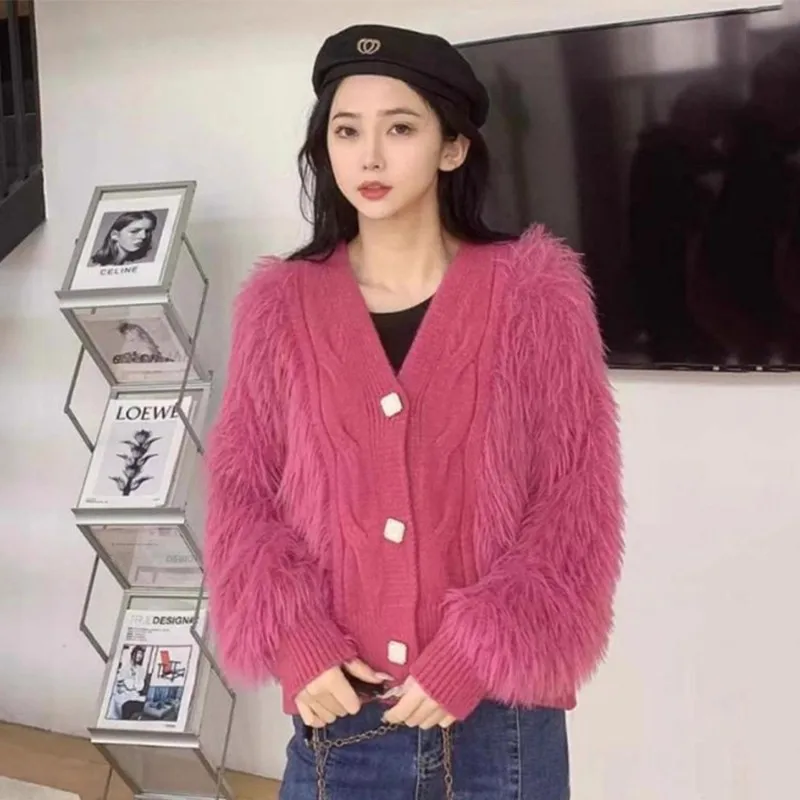 

Spring Autumn Loose Knitted Cardigan Korean Sle ort Plu Warm Pure Color Splicing Faionable Women's Knitted Sweater