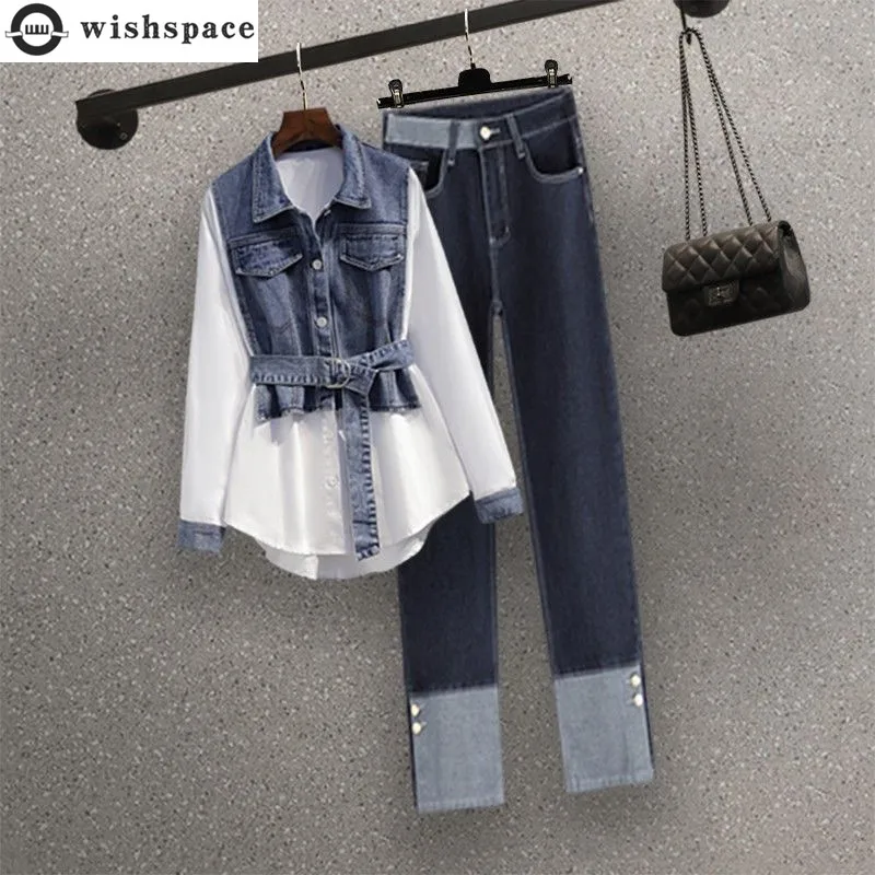 Korean Popular Street Style Elegant Women\'s Pants Set Fashion Denim Shirt Blue Jeans Two-piece Set Famele Tracksuit Sportswear