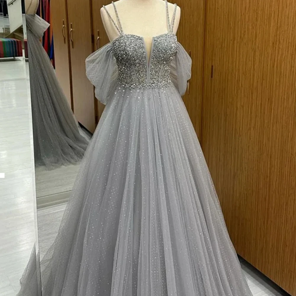 Customized Glitter Formal Occasion Evening Beaded Tulle A-line Vestidos De Fiesta Elegant Sleeveless Floor-Length Porm Dresses E