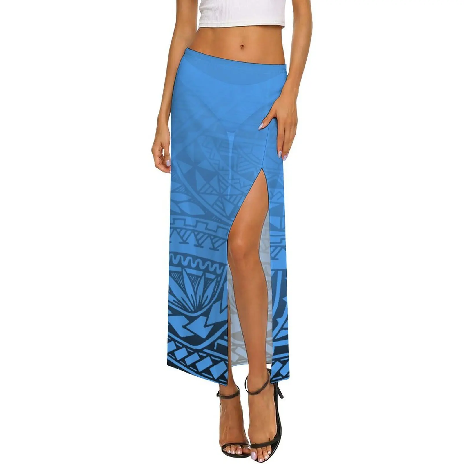 Polynesian-Style Custom-Made Floral-Print Transparent Net-Sheer Halter-Neck Design Fashionable Blouse And Skirt Set For Ladies
