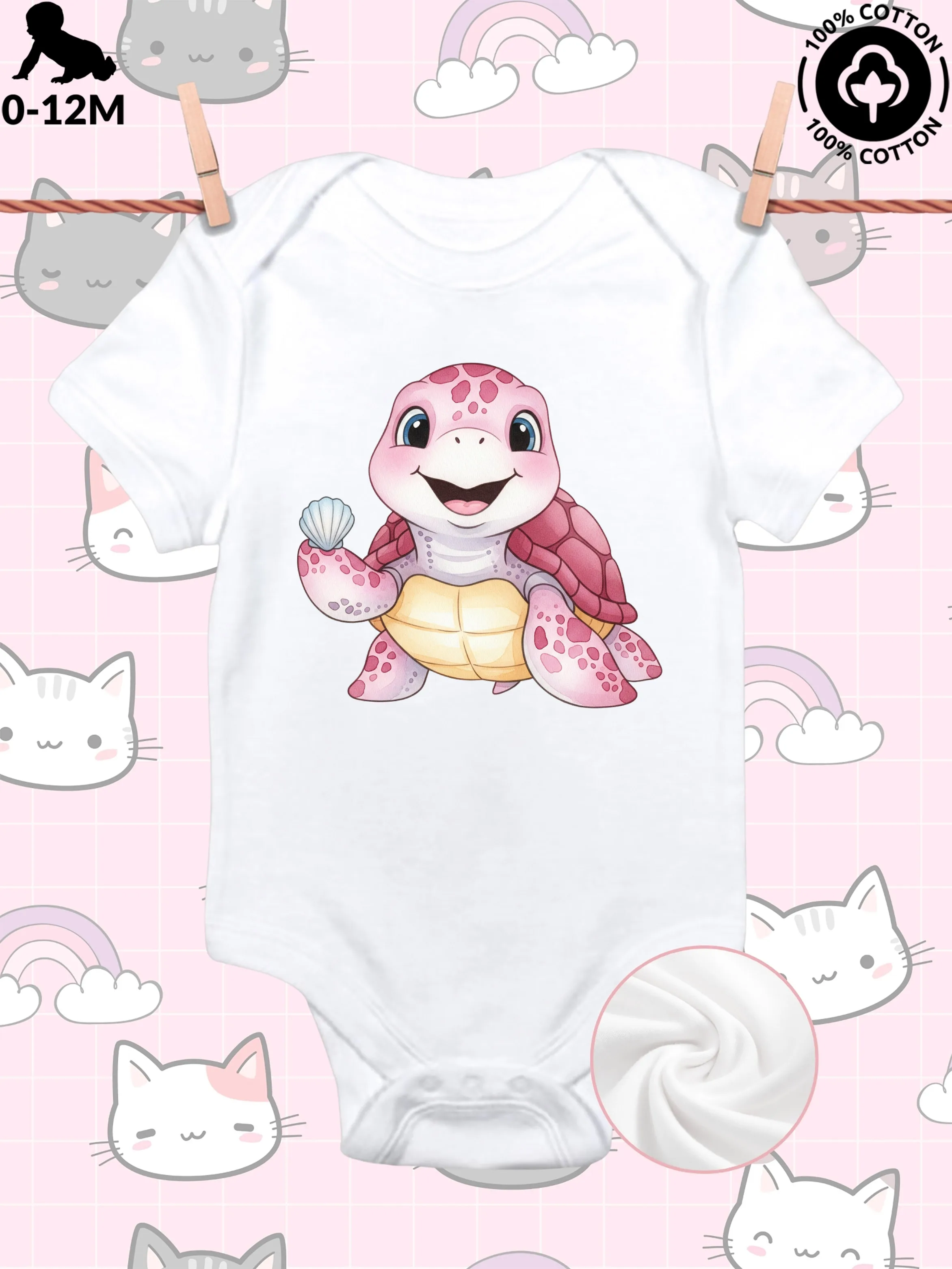 

Happy Sea Turtle Unisex Baby Crawling Suit, Pure Cotton Soft Onesie, All-Season Wear White Bodysuit 190GSM