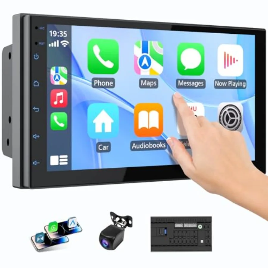 

Double Din Car Radio for automotive use, ABS plastic body, black color, wireless CarPlay Android Auto support
